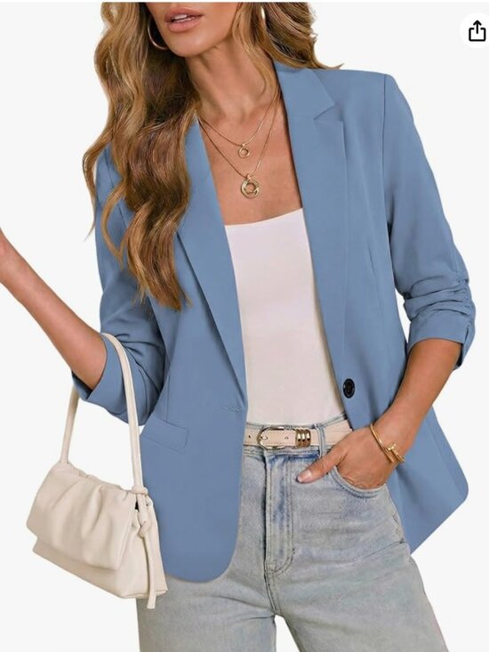 Jackets & Blazers - Blazers for Women Suit Jackets Dressy 3/4 Sleeve Blazer Business Airy Blue Small